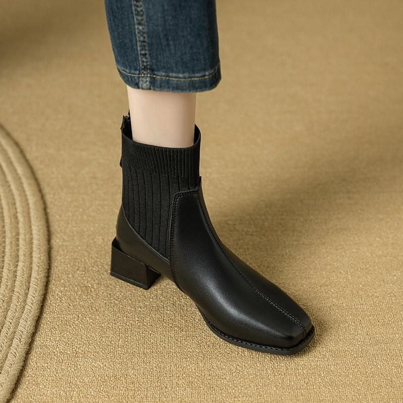 Autumn Winter Women Thick Heel Ankle Boots Fashion Leather Knitted Combination Shoes Square Toe Modern Short Botas Para Mujer
