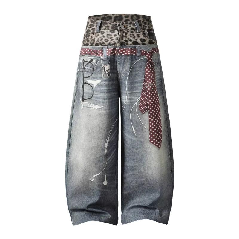 Unisex Wide Leg Denim Pants With 3D Print Leopard Patchwork Relaxed Fit Mid-Waist Stretch Cotton Jeans Streetwear