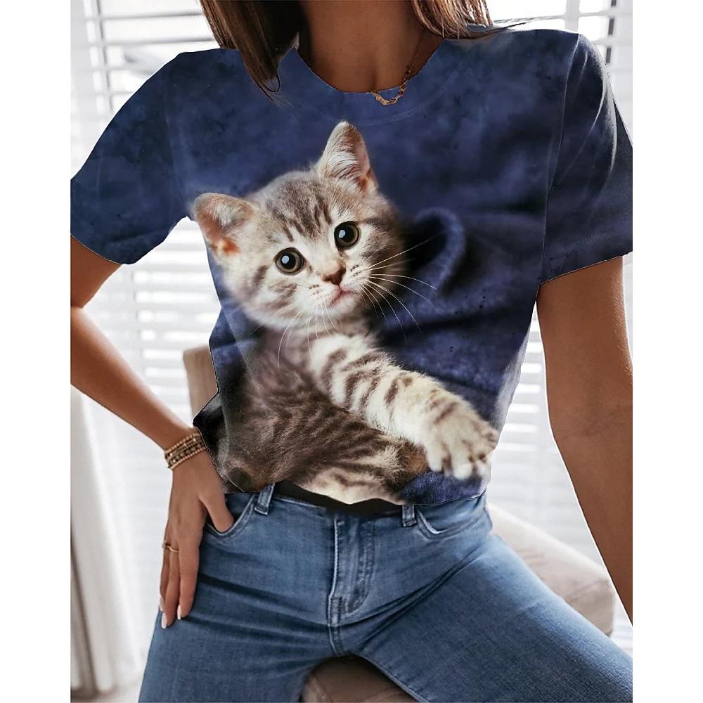 New Summer 3D Printing for Women Cute Cat Fashion 2025 New Harajuku Animal Short Sleeve Oversized