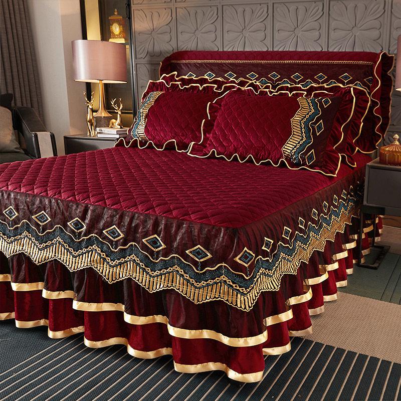 1pcs Luxurious European Quilted Crystal Velvet Bed Skirt Set with Lace Trim - Warm, Thick,1 Bed Skirt