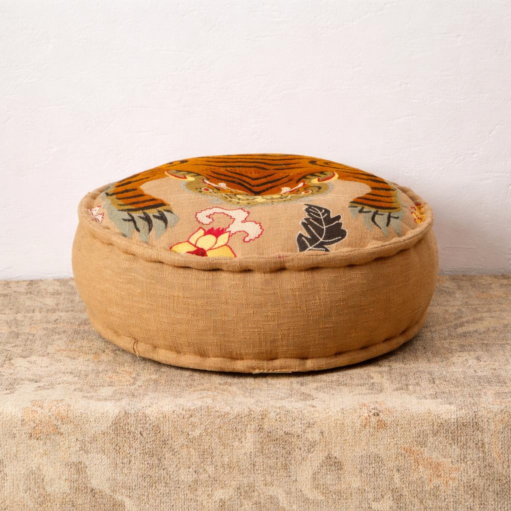 Safari Shield Embroidered Floor Pouf - Multicolor Cotton Pouffe with Polyester Filling, 60 x 20 cm