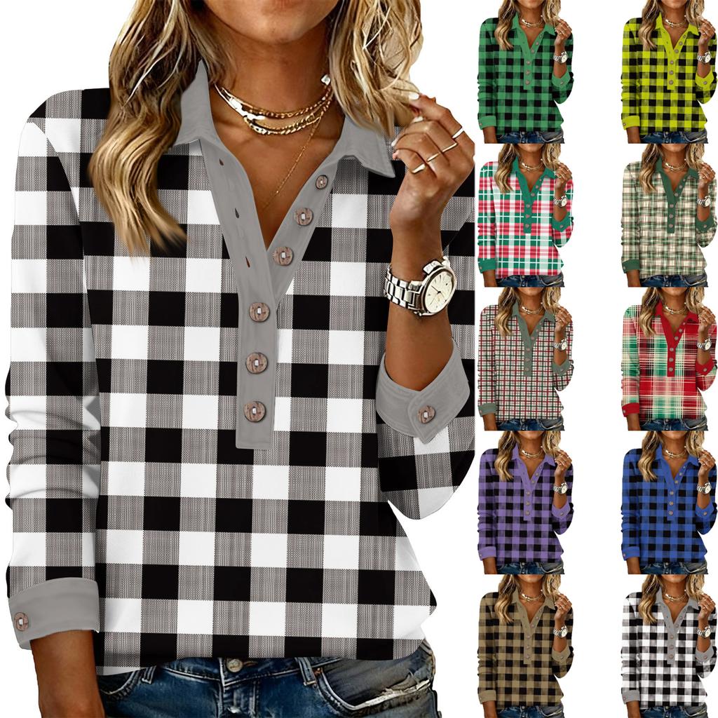 Women's Retro Street Lazy V,neck Long Sleeve Button Plaid Print Pullover Top