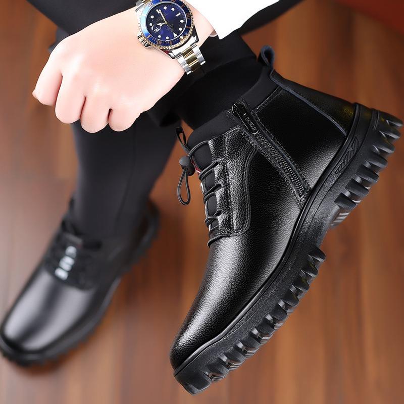 Cotton Shoes Men's Winter Warm Velvet High Waist Leather Men's Shoes Thickened Snow Boots Men's Pu Men's Business Cotton Leather Shoes