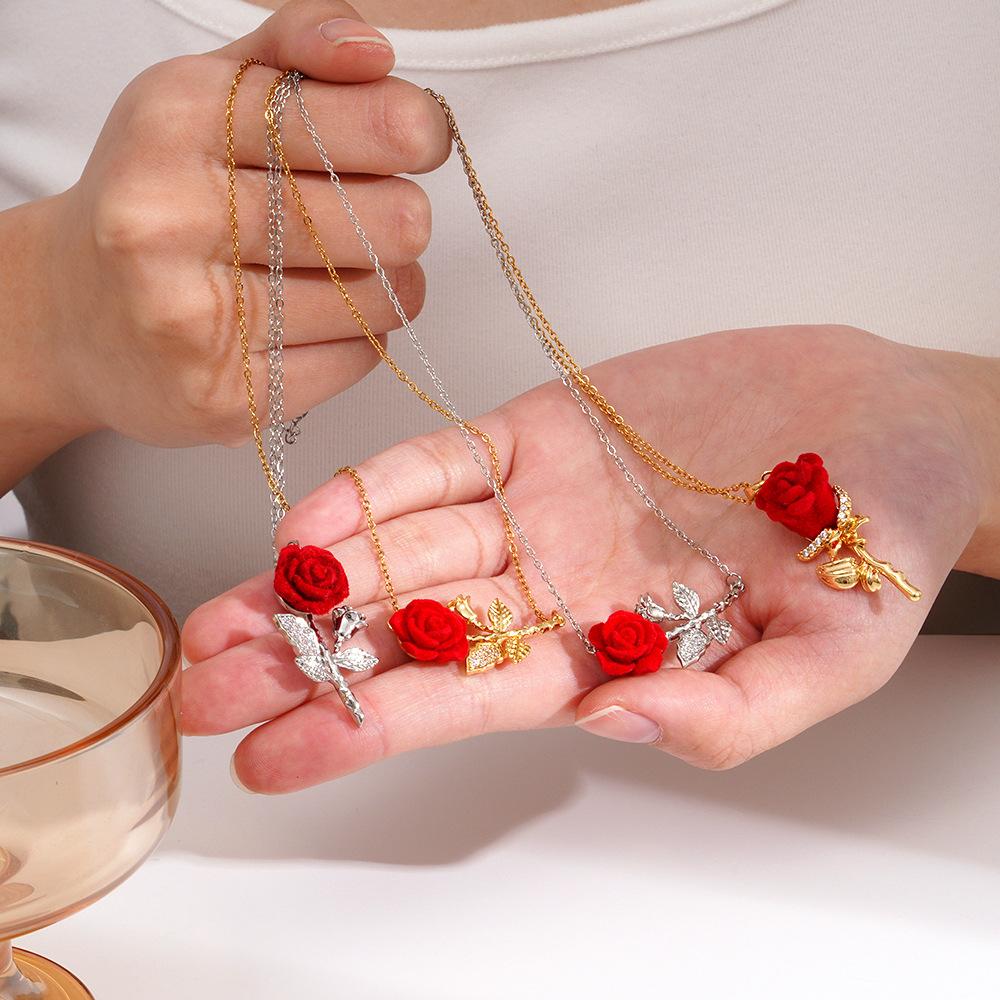 Glänzende Zirkon Rose Blume Anhänger Halskette aus Edelstahl für Damen Mädchen Romantische Blumen Choker Party Hochzeit Luxus Schmuck