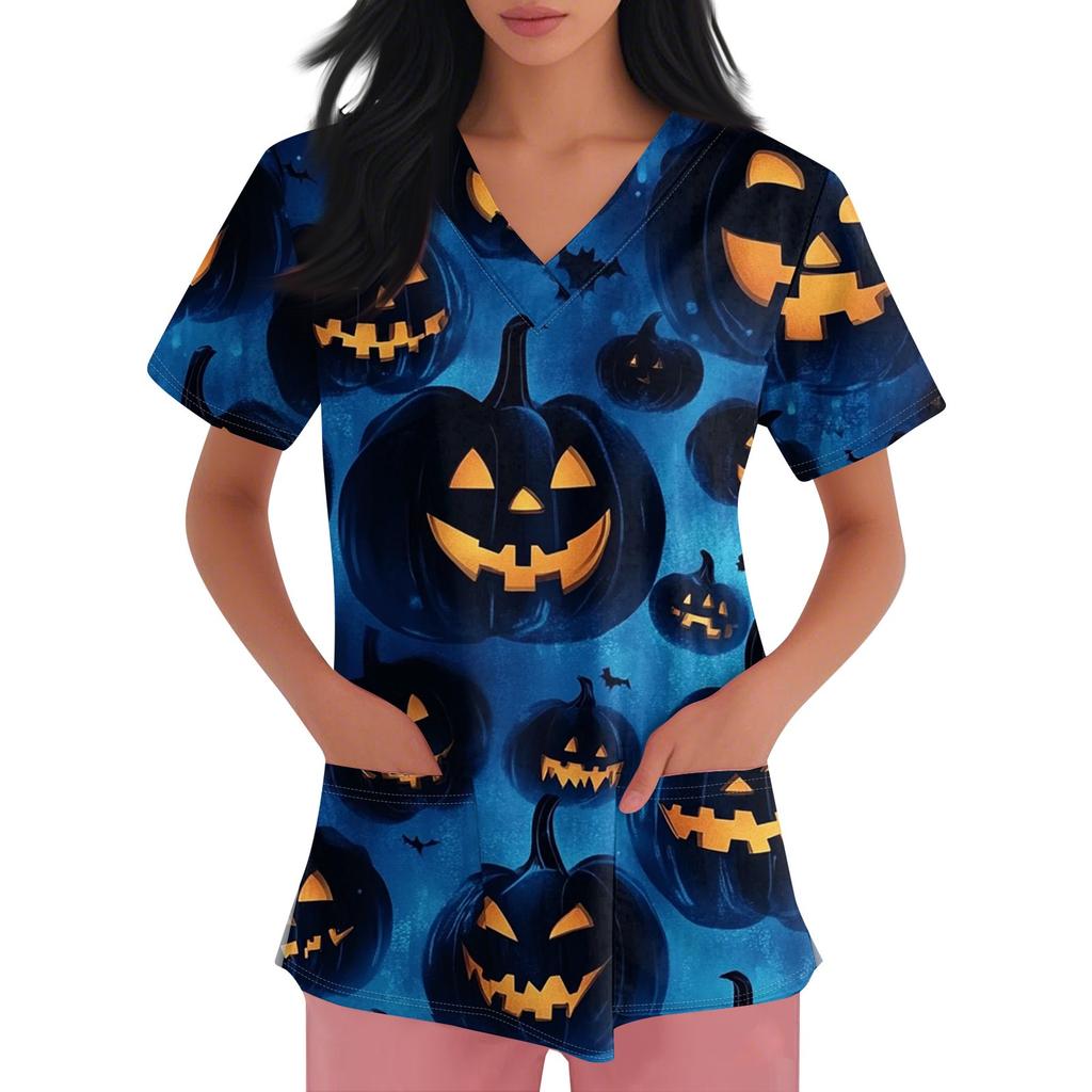 Dam V-hals Halloween-tryckt Kortärmad Ficka Sidoslits Skyddsdräktsöverdel