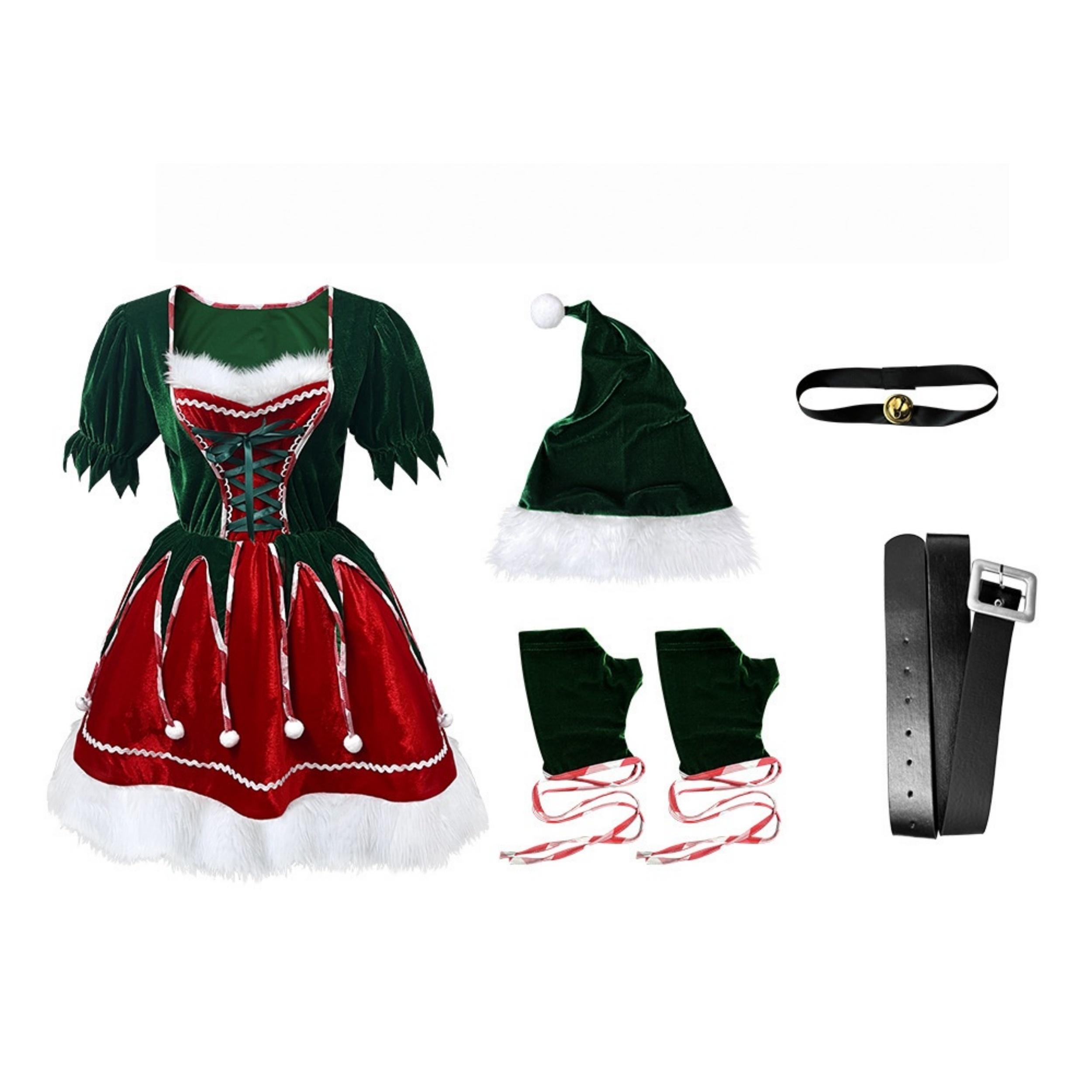

Christmas Elf Cosplay Women s Carnival Costume Set (Dress+Belt+Gloves+Hat+Choker) - Sexy Sweet Festive Outfit XL