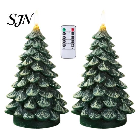 Snow Texture Candles Christmas Tree Candles, Flameless LED Flickering Wax with Remote Control, Led Flame Battery Operated Realistic Pine Decor