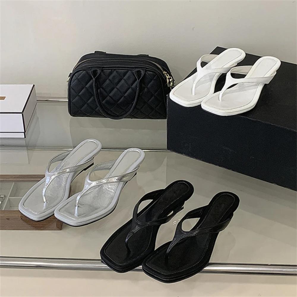 Eilyken New Fashion Design Wedges Low Heels Ladies Sandals Summer Square Clip Toe Slippers Women Flip Flops Shoes