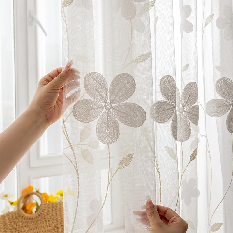 Embroidered Relief European American Flower Pattern Curtains, Transparent Rod Pockets for Seasonal Decoration, Reference Bedroom, Living Room