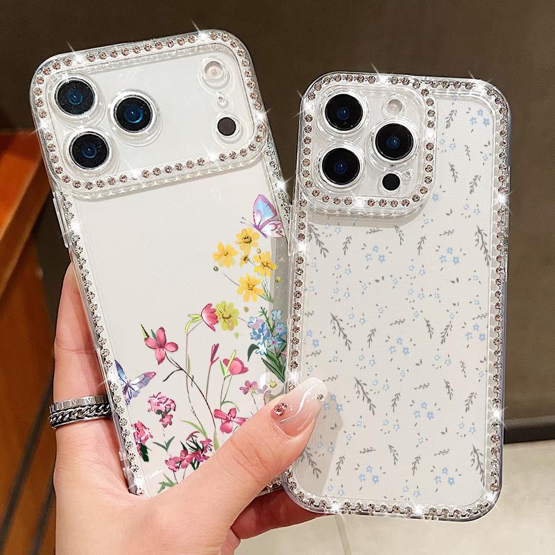 Flower Print Shockproof TPU Case For iPhone 17 Pro Max 16e 16 15 14 13 15 Pro 17 TPU Bling Diamond Soft Silicone Phone Cover