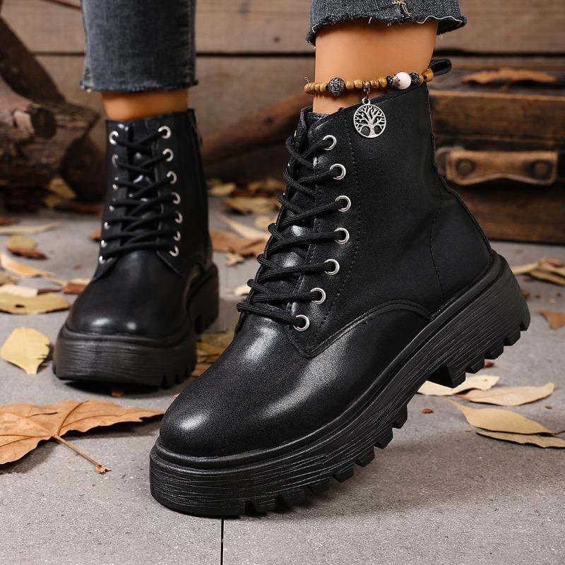 

Block Heel Platform Booties Fashion Round Toe Lace-up Side Zipper Soft Sole Anti-Slip Wear-Resistant Women s Shoes 35 чёрный