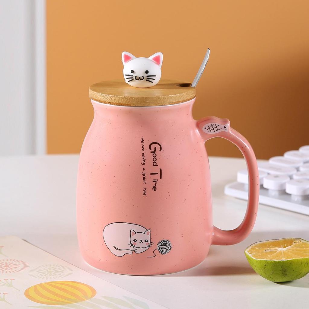 Söt keramikmugg med katt-tema, lock och sked, 380 ml.