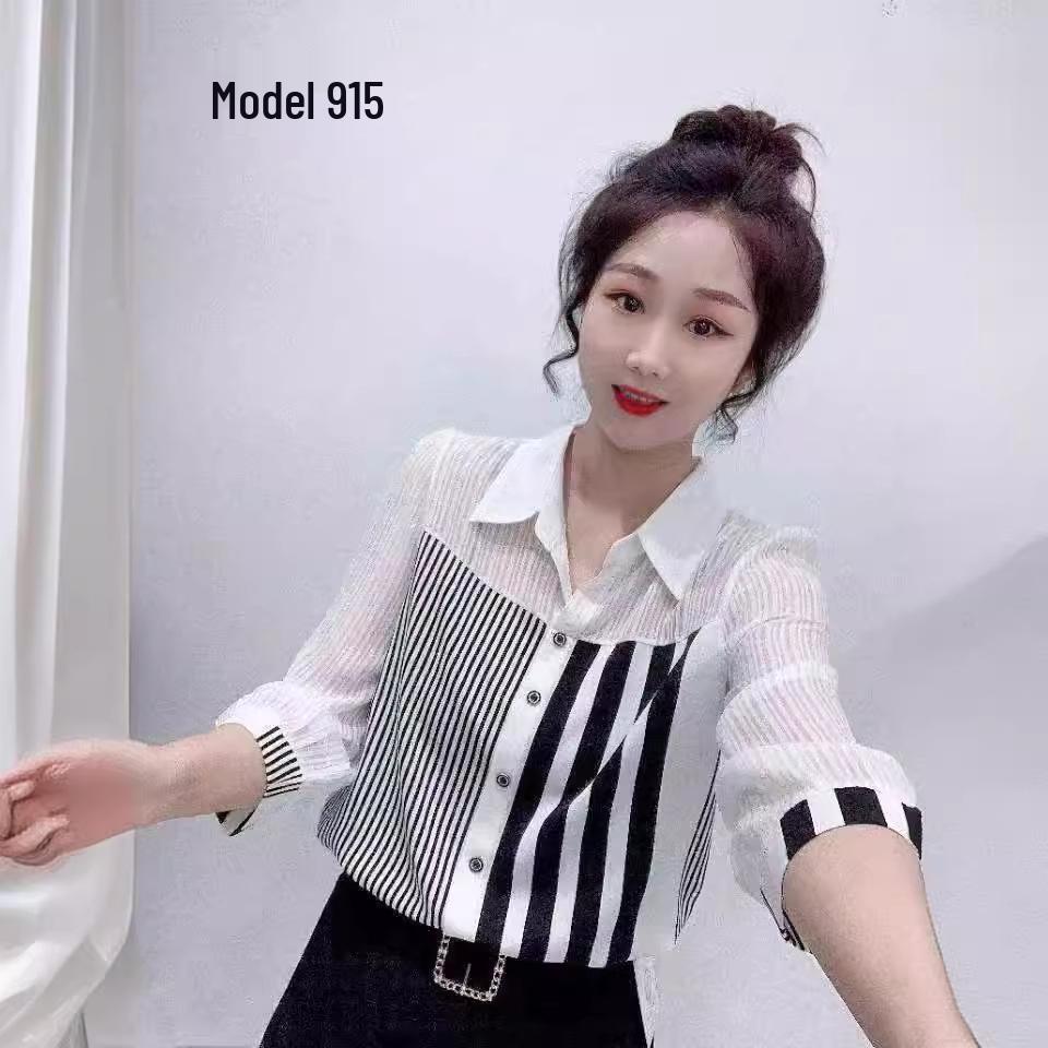 

Women s Striped Three-Quarter Sleeve Top - Spring/Summer 2023, Hong Kong Style, Light Luxury, Loose Fit, Slimming Design. 3XL