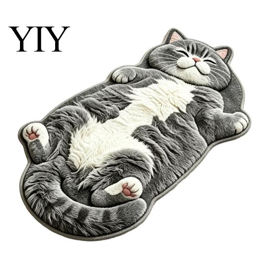 Easy to Clean Bedroom Rug Cozy Cat Shaped Floor Rug, Plush Cartoon Area Mat, Soft Whimsical Pet Themed Cover Crystal Velvet Decorative for Bedside And