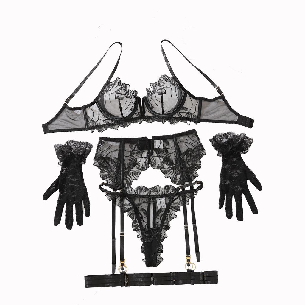 Hot-selling Embroidered Hollow-out Comfortable and Sexy Bra Set, Women's Underwear, Panties, Garter Belts, Gloves, Thin Style