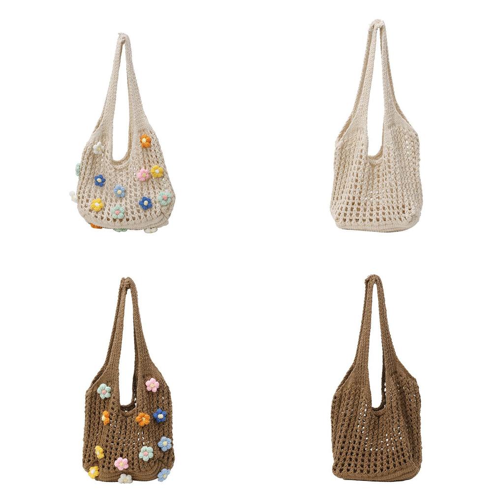 Summer Knitted Flowers Tote Bag With Woven Design For Casual Daily Use