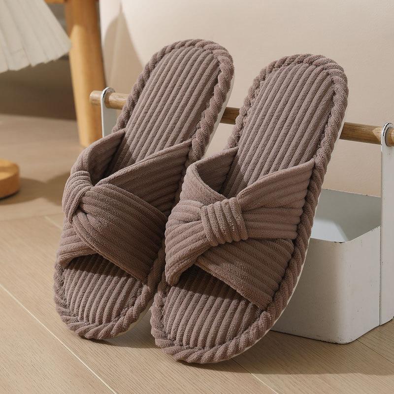 Fashion Indoor Soft Solid Cotton Slipper Woman Winter 2025 Casual Open Toe Flat Slippers Women Cross Strap Corduroy Cotton Slides Mujer