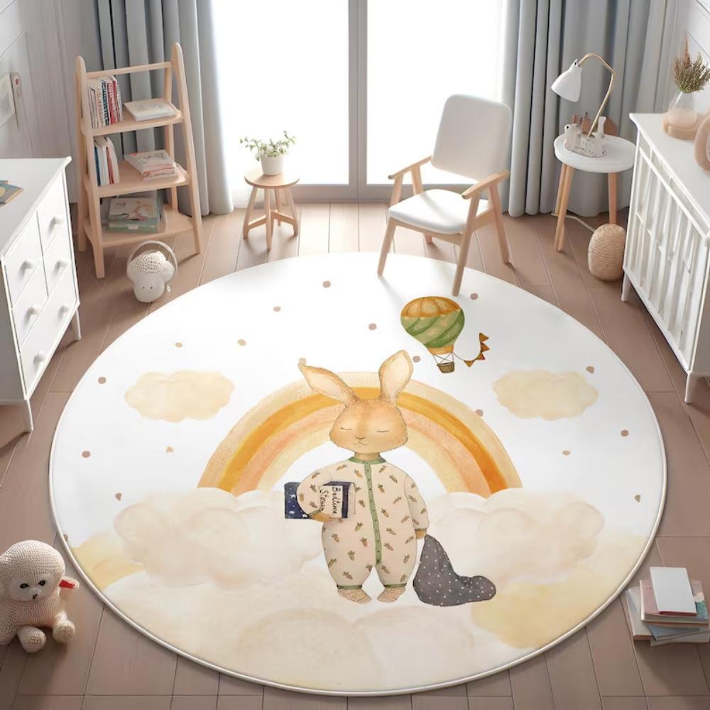 Cute Forest Animals Round Carpet Fox Rabbit Nursery Rug Kids Playroom Floor Mat Bedroom Living Room Washable Baby Activity Mat