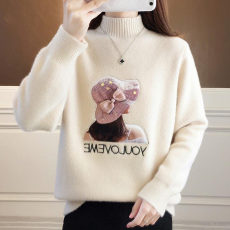 Women's semi-turtleneck mink fleece sweater women's new loose bottoming shirt women's spring and autumn versatile outer wear