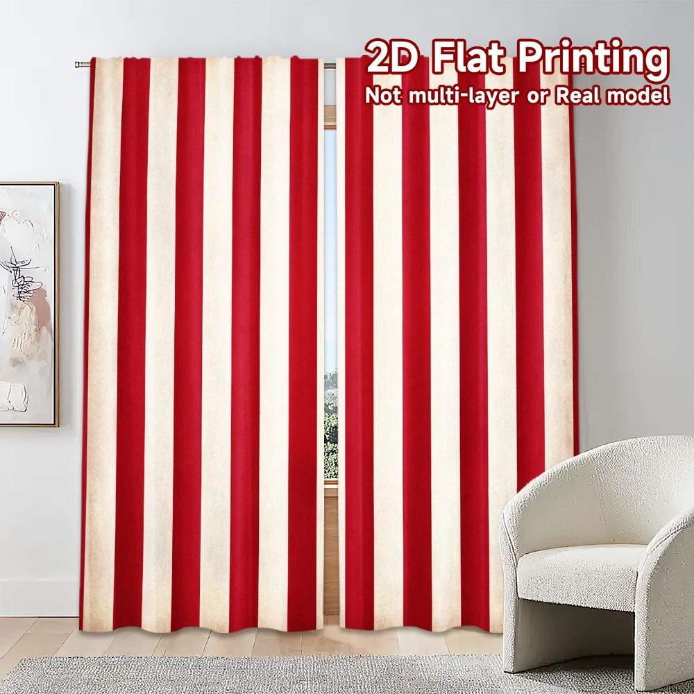Flat Printing Curtains Without Rod Redwhitestripes Pattern Popular Versatile Polyester Curtain Set Of 2 Made Washable