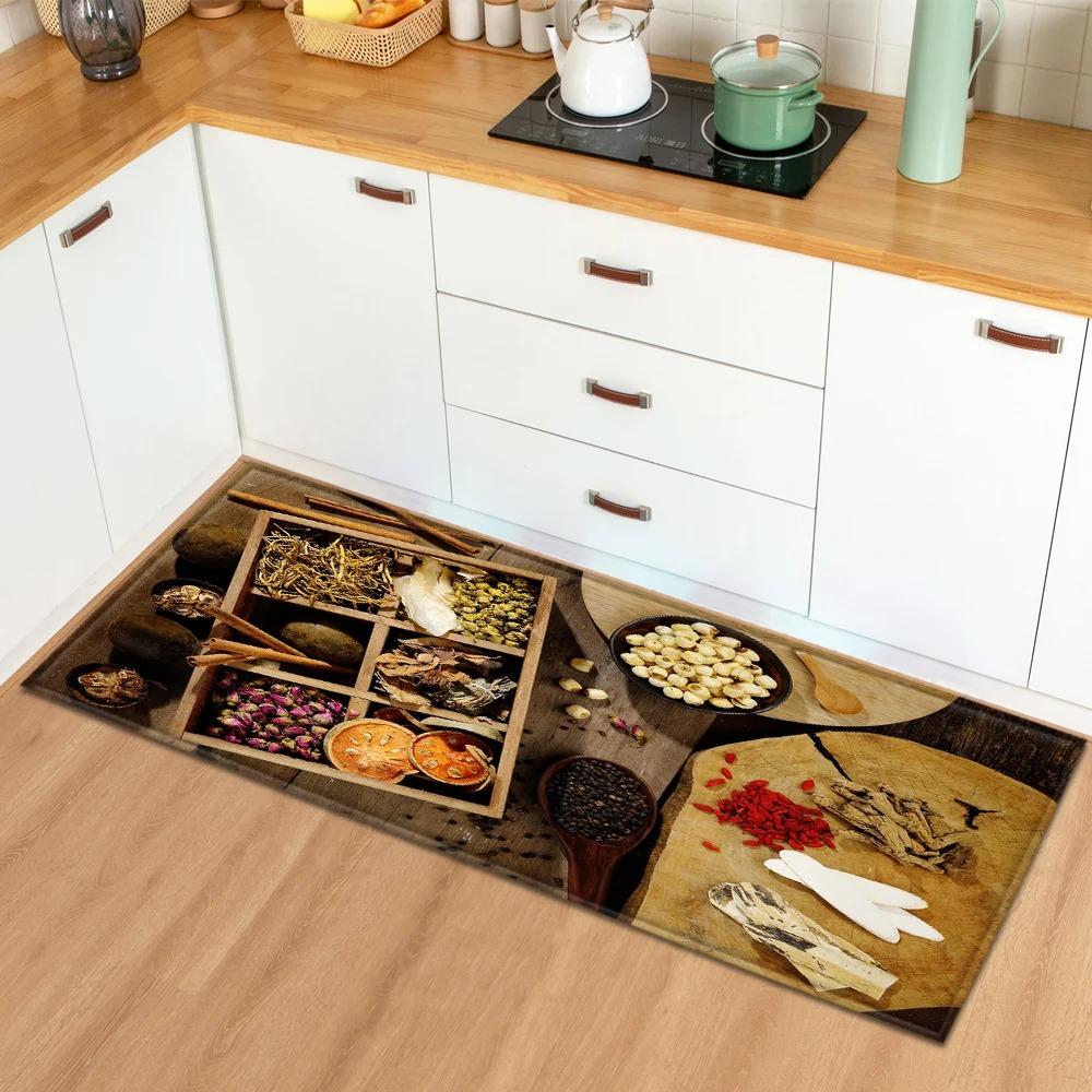 Tappetini per Pavimento Cucina di Casa con Motivo di Ingredienti e Spezie Decorazione Ingresso Tappetini per Pavimento