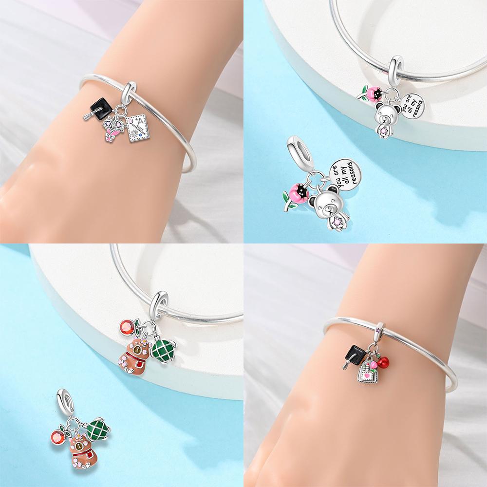 Originalcopper Blue Pendant Doctor'S Cap Pink Schoolbag Bear Pendant Bead Fit Bracelet Women Jewelry Diy Accessory Gift