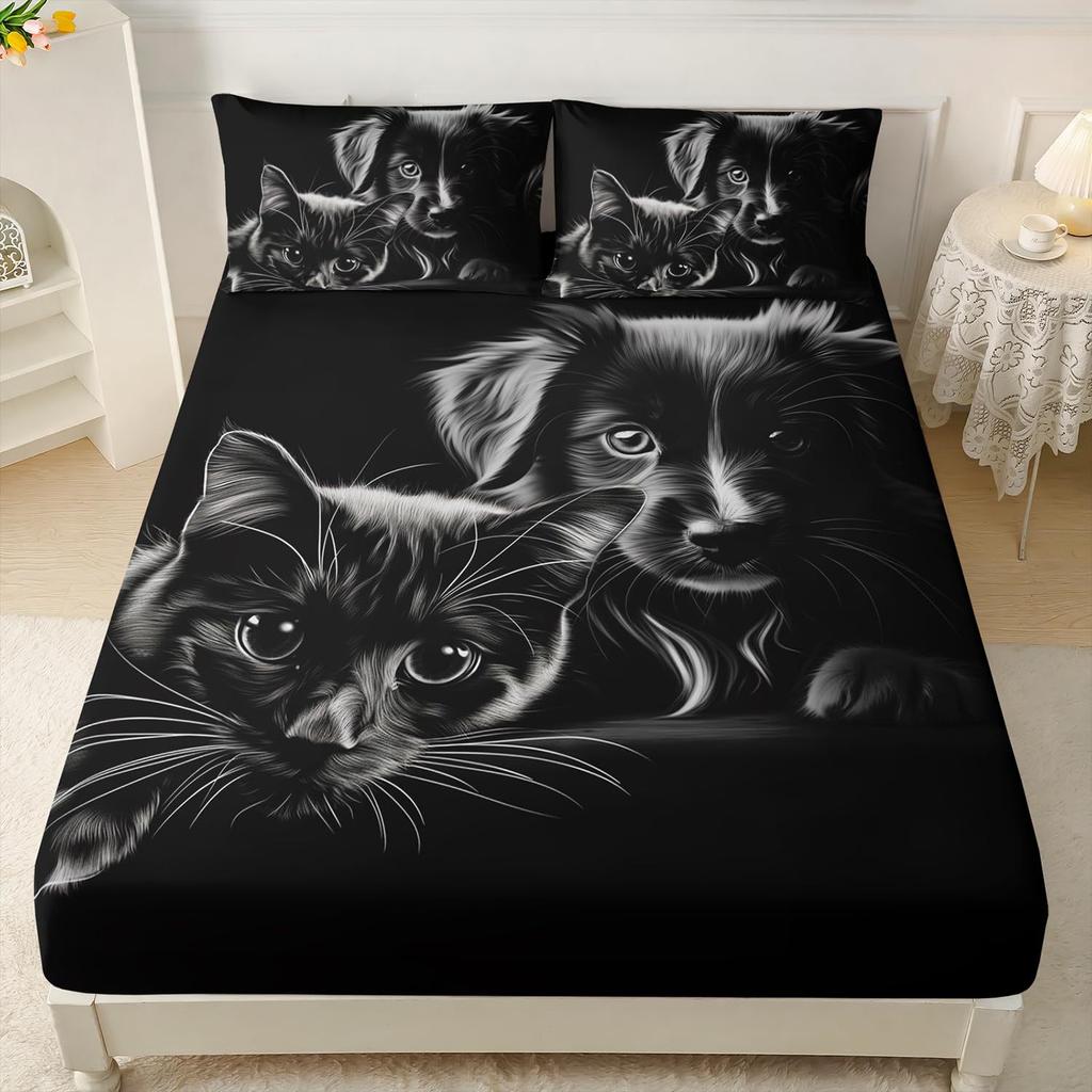 Animal Cat Pattern Mattress Three-Piece Digital Printing Mattress Bedding Set Adult Children