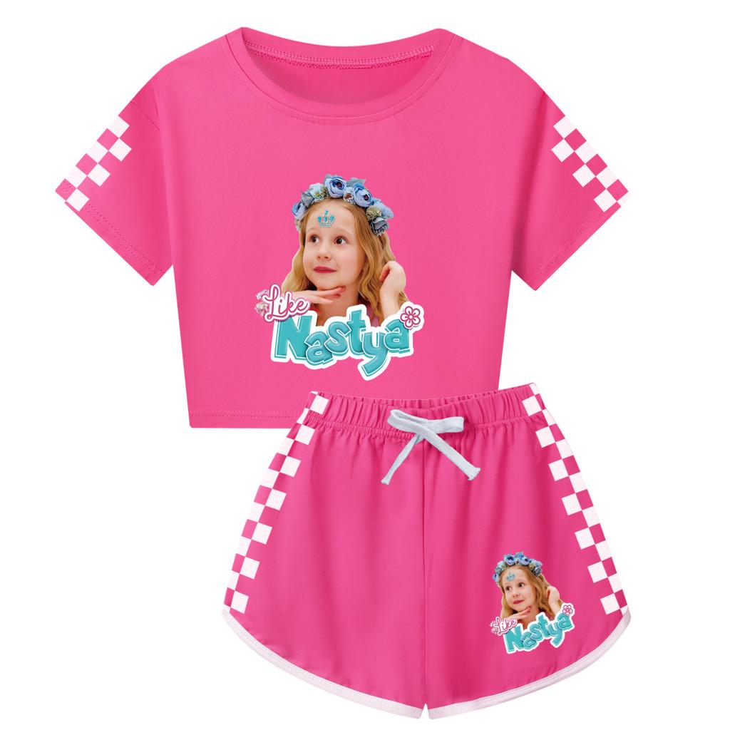 

5530 Kids Girls Nastya Print Short Sleeves T-Shirt Shorts Pants Sport Clothes Set 120cm рожевий червоний колір