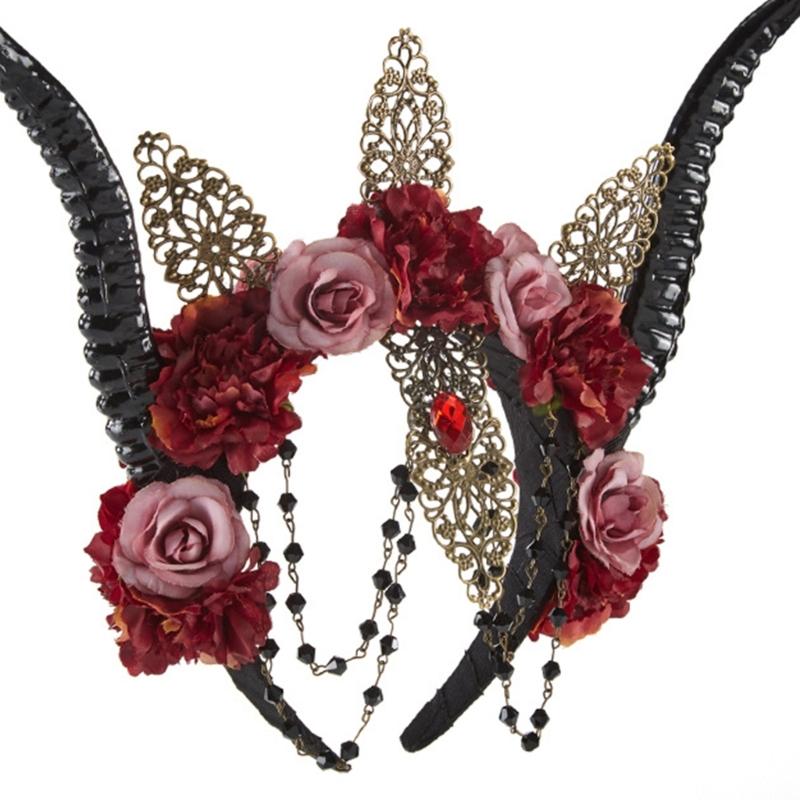 Schafshorn Gothic Stirnband Steampunk Teufelshörner Rosenblüten Dekorationen für Halloween Kostümparty Foto-Requisiten
