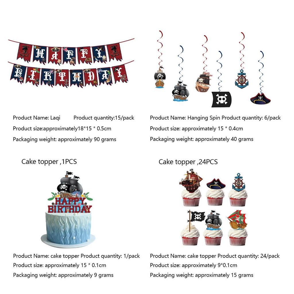Pirate Ship Sailing Birthday Party Decor Set: Flags, Balloons & Cake Toppers