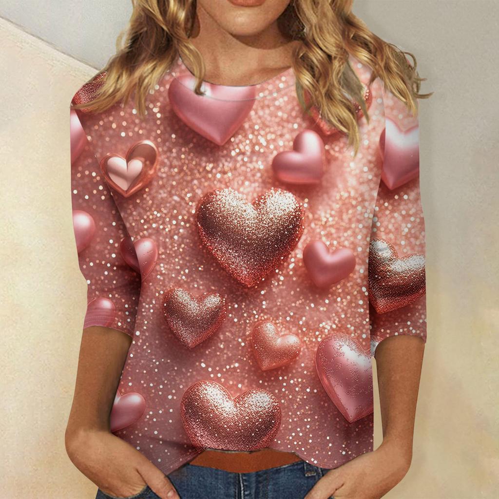 Damski top z nadrukiem walentynkowym, modny, casualowy, z rękawem 3/4 i okrągłym dekoltem