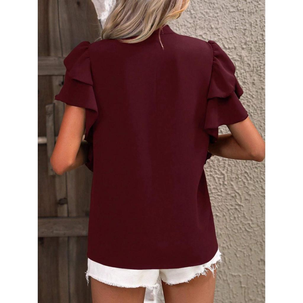 GMXIA Women's Summer V-neck Casual Double Layer Lotus Sleeve Solid Color Shirt Top