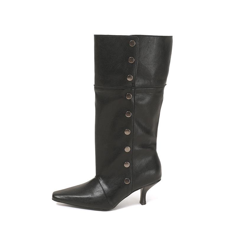 Black Stiletto High-Heeled Boots Women'S Design Sense Foldable Two-Wear Knight Boots But Knee-High Spice Girl Boots