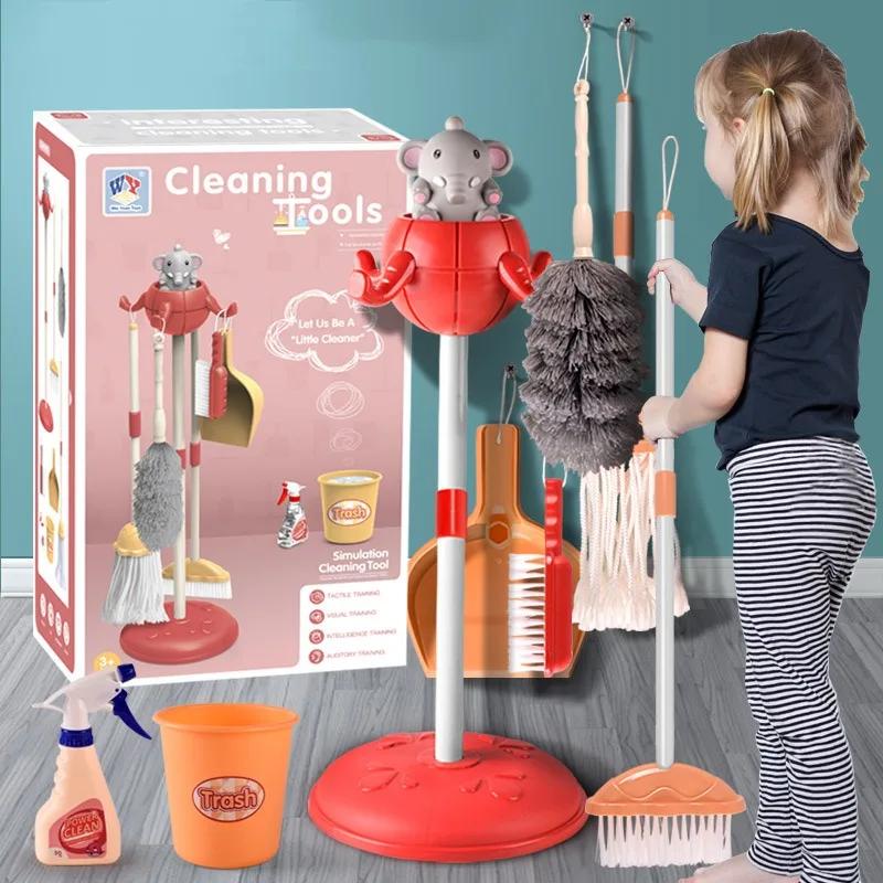 Cartoon Mini Kinder Reinigungszubehör Set - Simulationsbesen Wischmopp Eimer Werkzeuge Set, Hausarbeit Rollenspiel Spielhaus Spielzeug für Kinder