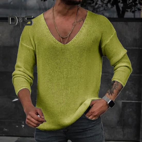 Men Spring Autumn V Neck Long Sleeve Sweater Loose Fit Solid Color Bottoming Pullover Tops Simple Casual Knitting Tee Tops