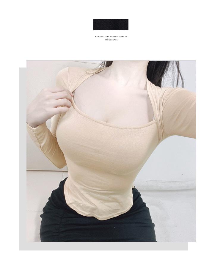 Korean Dongdaemun Sexy Square Neck Slimming Long Sleeve Low-Cut Top for Women