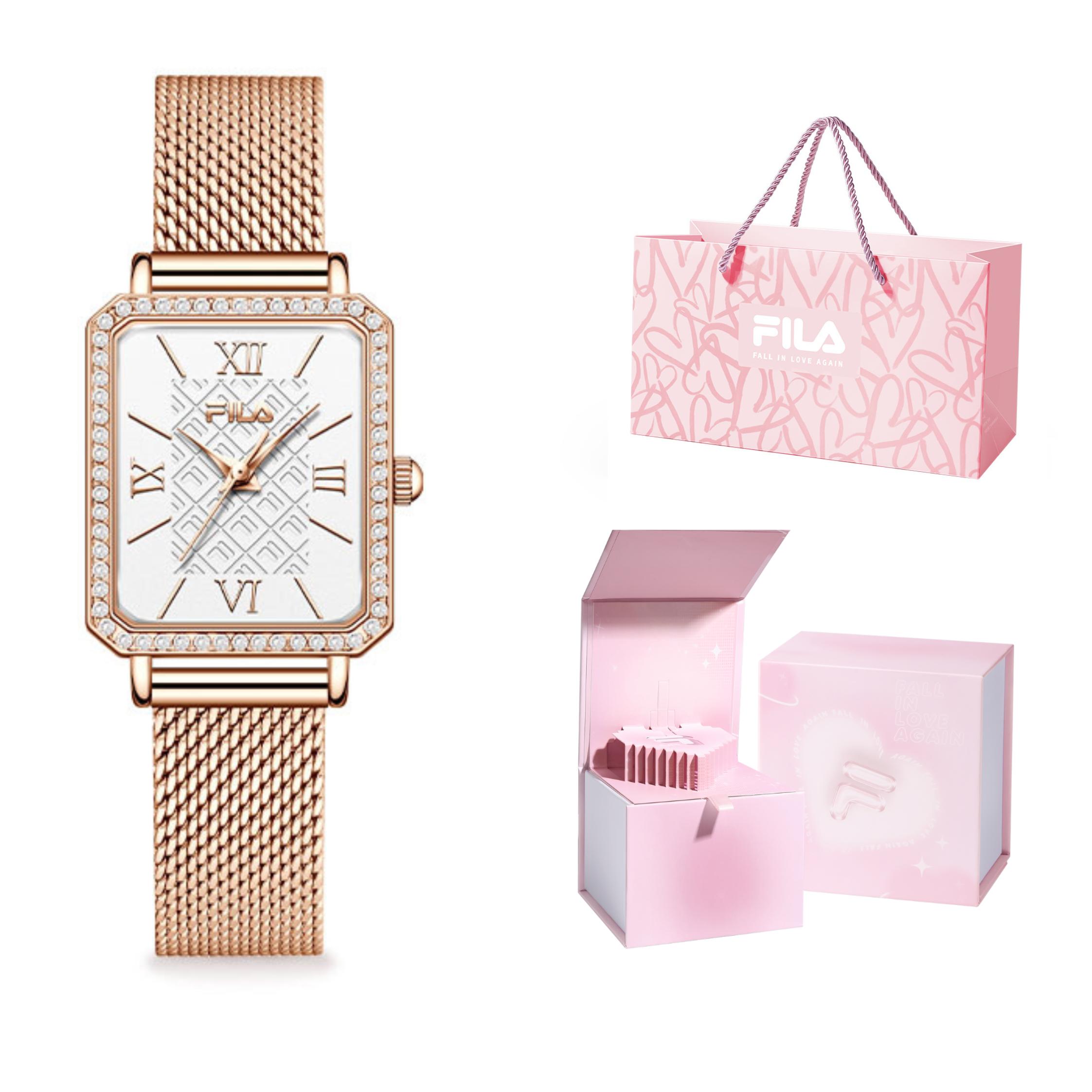 FILA Elegant Series Diamond-Studded Shining Watch Quartz Movement Stainless Steel Metal Strap White Dial Women watches 6520 46FLL38-6520-106 Gold