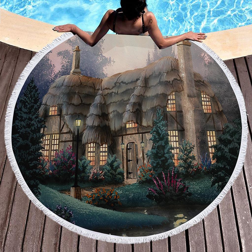 Round Beach Towel,Cartoon Fairy Tale Hedge House Sand Resistant Shawl Beach Blanket,Absorbent Quick Dry Pool Towel Picnic Mat