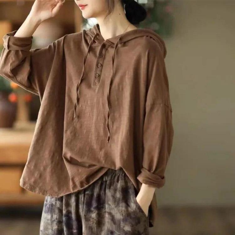 

Винтажные повседневные футболки с длинным рукавом из смесового хлопка, женские футболки с капюшоном, свободные топы на пуговицах, однотонные, весенняя мода Johnature XL