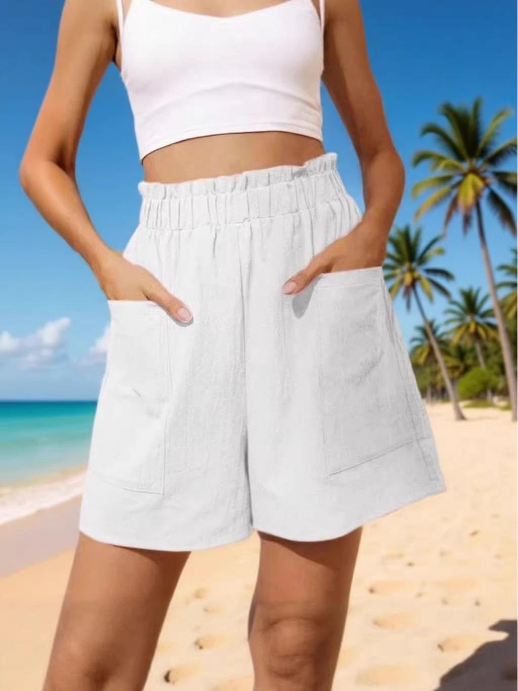 

Women s Plus Size High Waist Cotton Linen Floral Wide Leg Casual Shorts XL белый