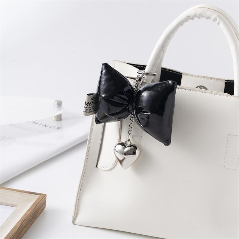 Sweet Lovely PU Leather Bowknot Heart Keychains Pendant Hangings Ornament Keyring Backpack Decoration for Women Girls