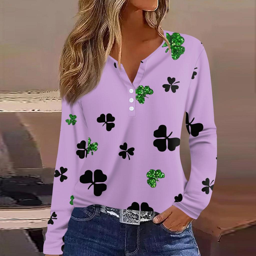 Women's Fashion Casual Printed V-neck Long Sleeve Button Up T-shirt Top