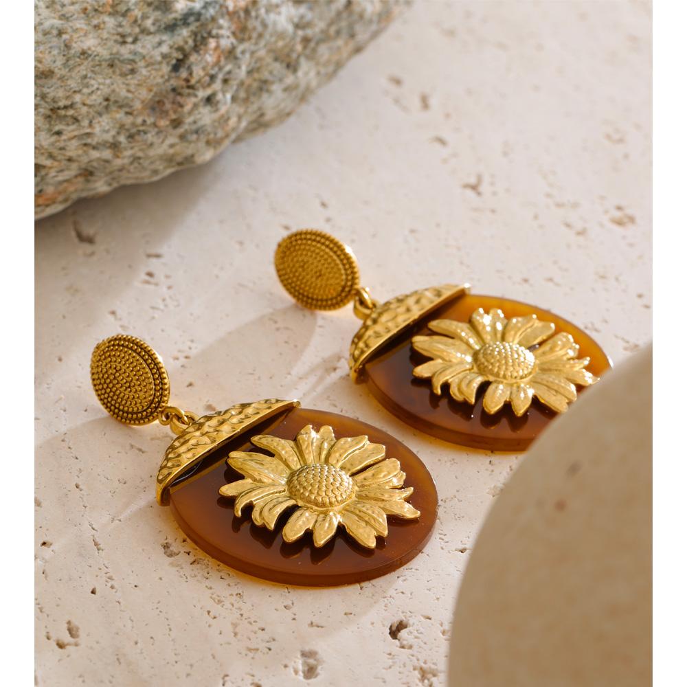 Eetit New Resin Acrylic Round Sun Flower Drop Dangle Earrings Golden Stainless Steel Autumn Winter Style Jewelry Waterproof Gift