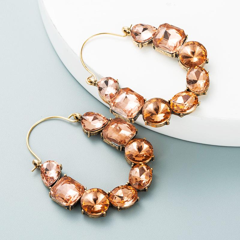 Women Hoop Earrings Exaggerate Geometric Alloy Inlaid Color Rhinestone Temperament Super Flash Full Crystal Small Earrings