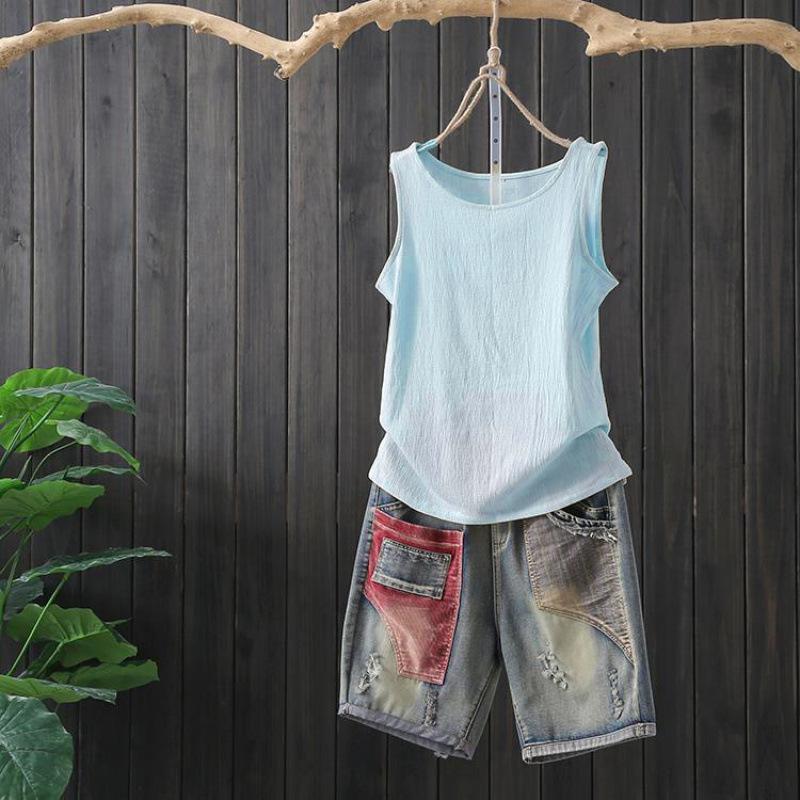 

Summer Cotton and Linen Camisole Women s Linen Bottoming Shirt Sleeveless T-shirt Outer Wear Large Size M синій
