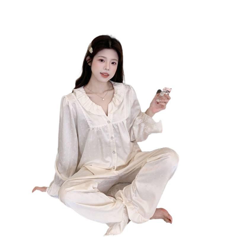 Ice Silk Pajamas for Women 1011 New Palace Style Long Sleeve and Long Pants Homewear Set Korean Sweet Style Loose Fit