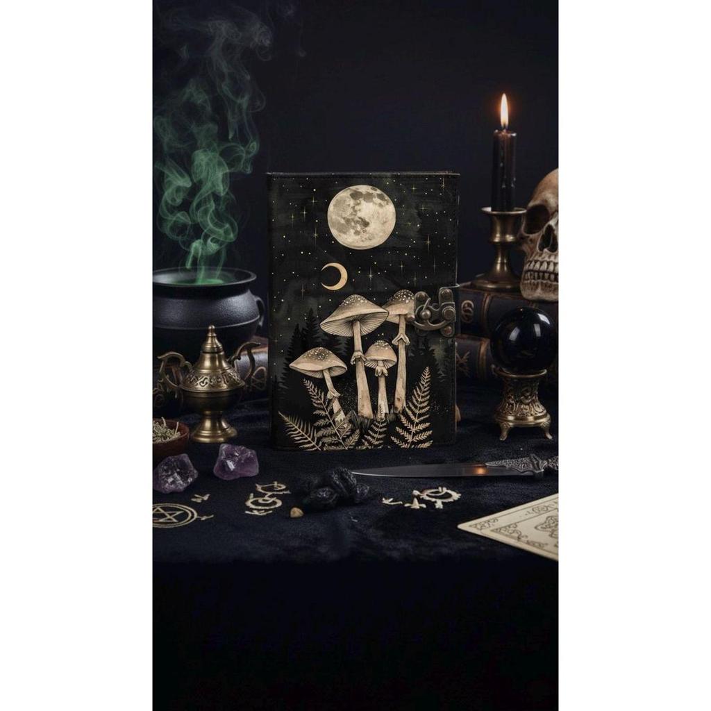 Handmade Mushroom Leather Journal, Fairy Moon Grimoire Notebook with Deckle Edge Paper, Cottagecore Fairycore Spell Book of Shadows