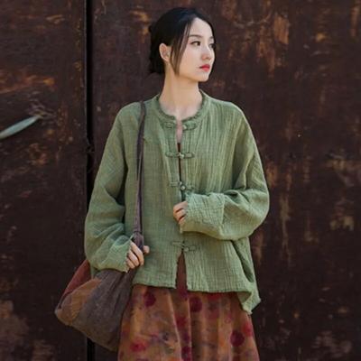 Camicie da donna stile cinese tinta unita manica lunga bottoni allentati autunno vintage cotone lino camicie da donna top