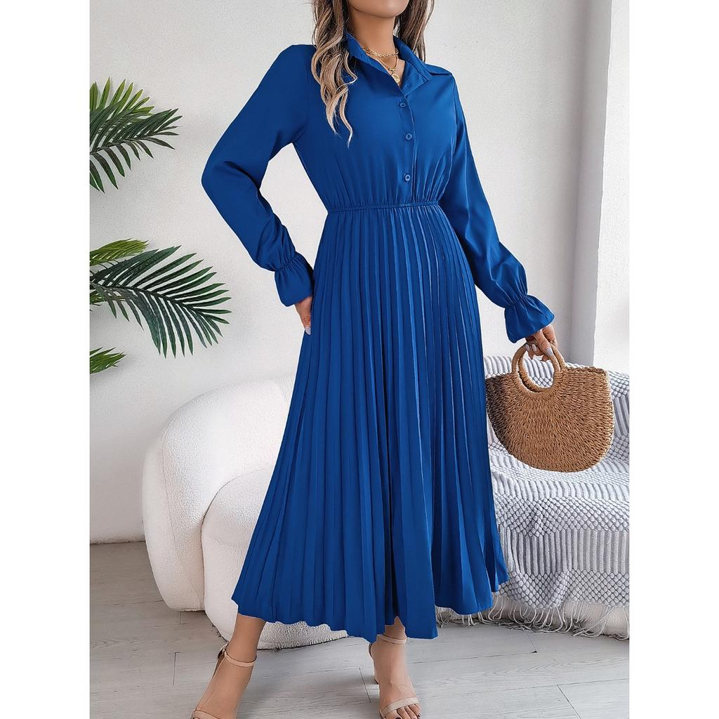 GMXIA Autumn and Winter Casual Lapel Button Long-sleeved Waist-cinching Pleated Long Dress Women's Clothing