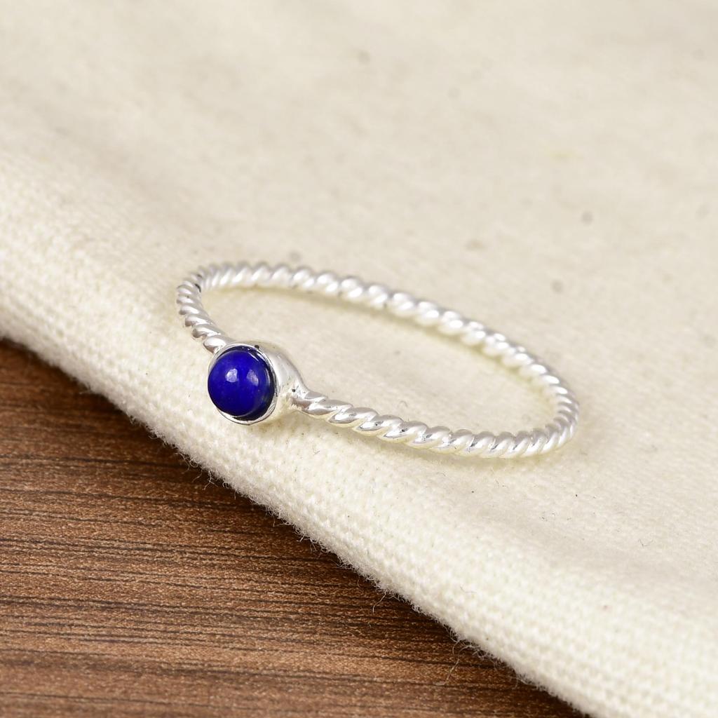 Natural Lapis Lazuli Ring, 925 Sterling Silver Ring, Minimalist Dainty Gemstone Ring Stackable Thin Twisted Band Handmade Jewelry Gift for Women
